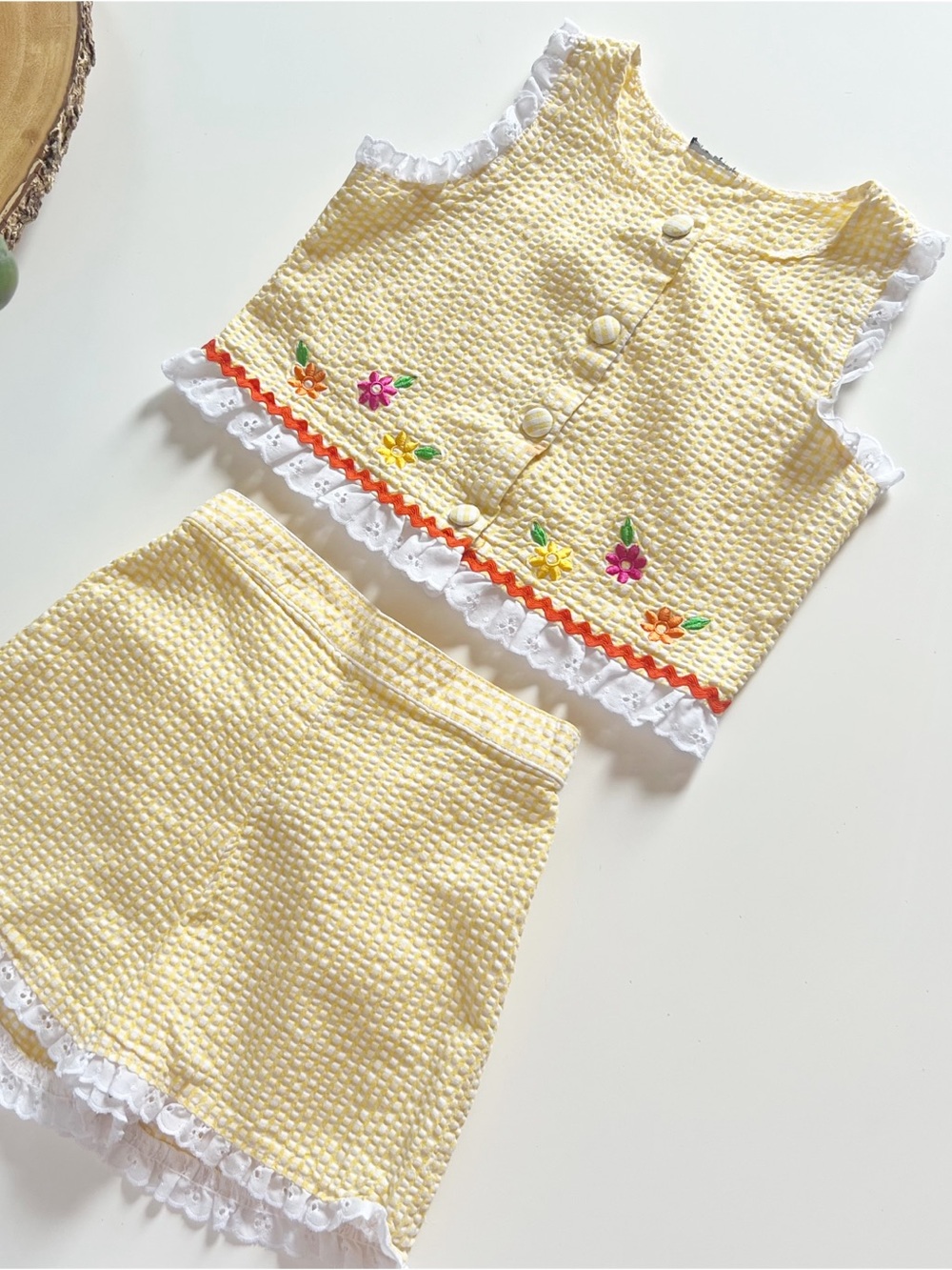 Vintage Sunny Yellow Gingham Embroidered Tank & Short Set | Size 5/6